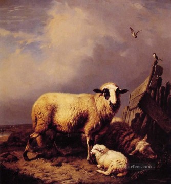 ユージン・ヨーゼフ・フェルベックホーフェン Painting - 子羊を守る ユージン・フェルベックホーフェンの動物 羊